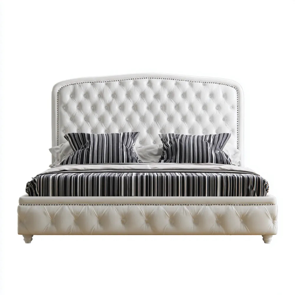 Double Bed Upholstered Leather 200x160x120 cm - White - Classic Design