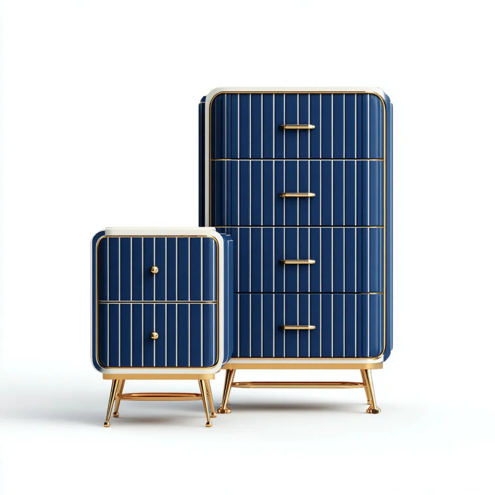 Chest of Drawers Set 100x50x120 cm and 50x50x70 cm Blue with Gold Accents - Modern Design