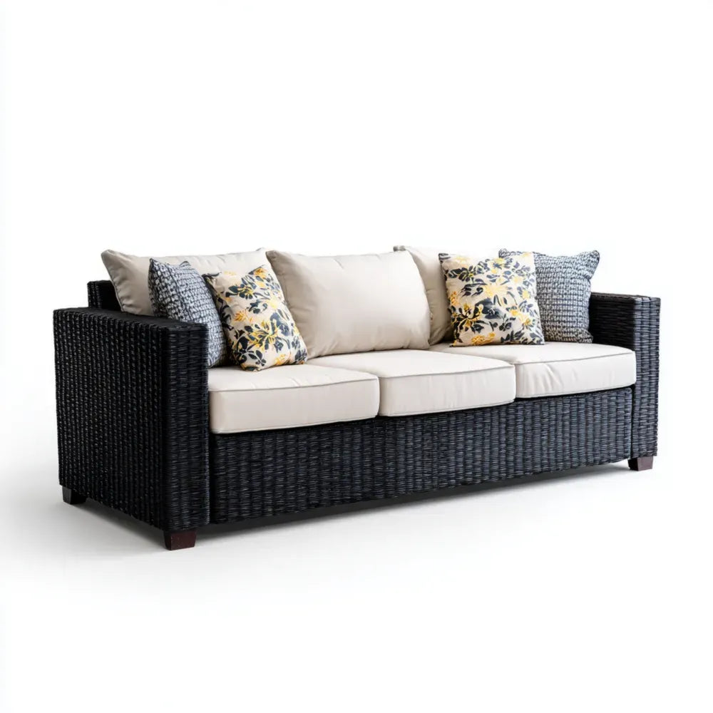 Outdoor Sofa Set Wicker Cushioned 200x90x75 cm - Beige/Black - Contemporary Design
