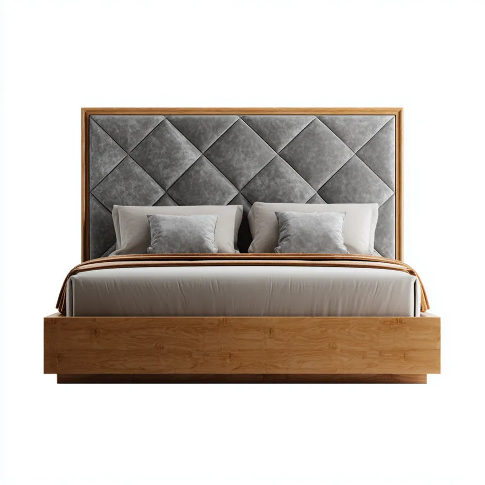 Double Bed Upholstered Headboard Wood Frame 200x150x110 cm - Gray - Modern Design