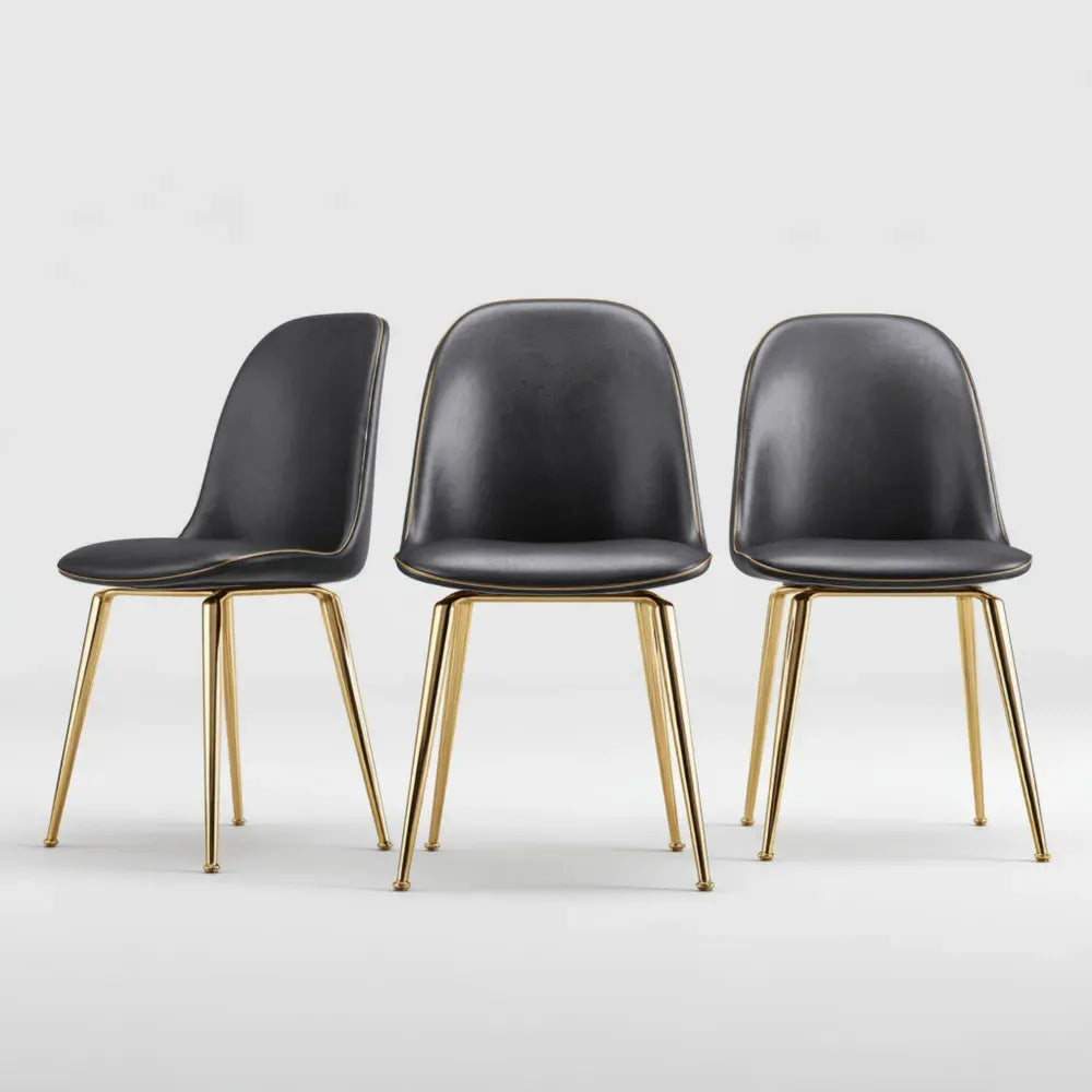 Dining Chair Set of 3 - 45x55x85 cm - Black Leather Upholstery and Gold Metal Legs
