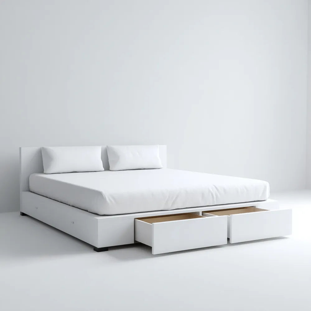 Double Bed with Storage Drawers - Wood 200x160x40 cm - White - Modern Style
