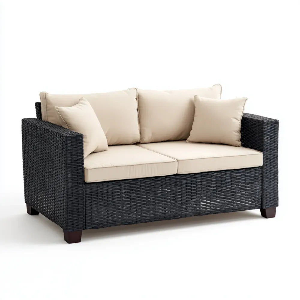 Outdoor Patio Sofa Set Rattan 150x80x85 cm - Black/Beige Cushions - Modern Design