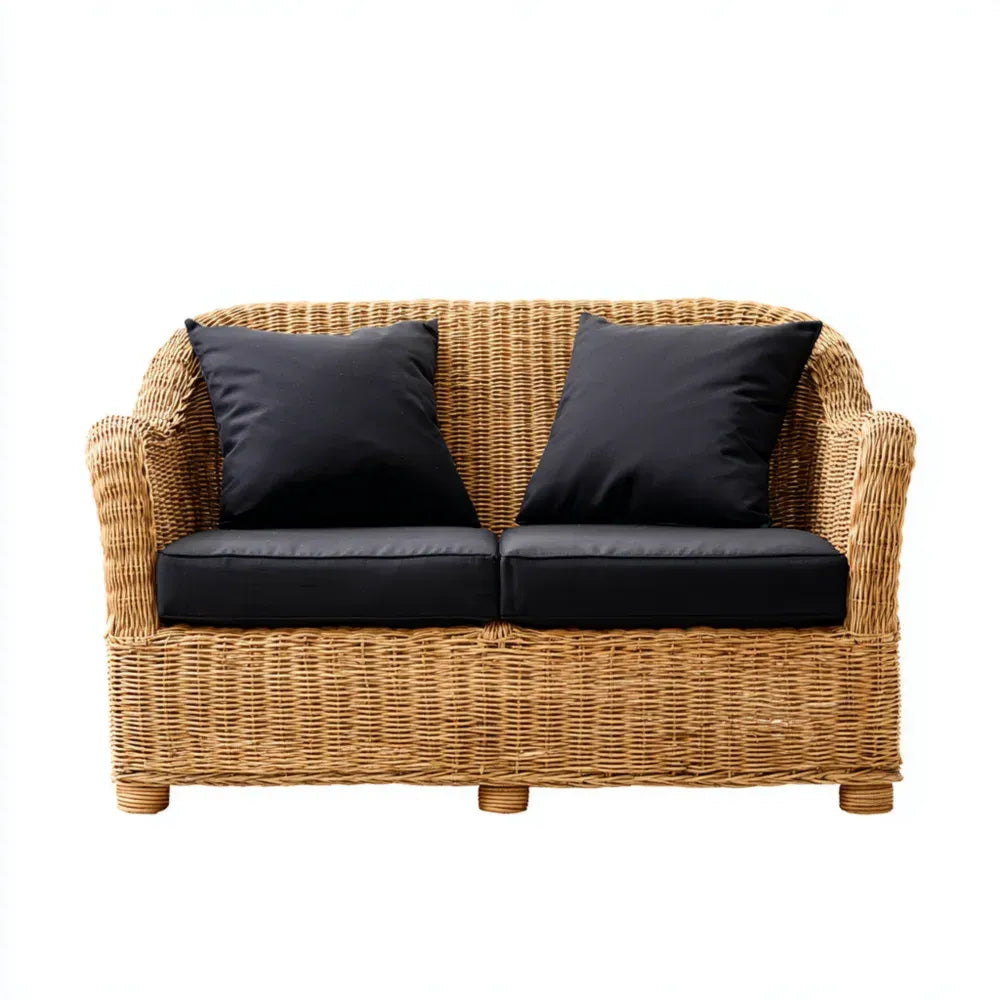 Wicker Patio Sofa - 120x75x80 cm Natural Rattan with Black Cushions