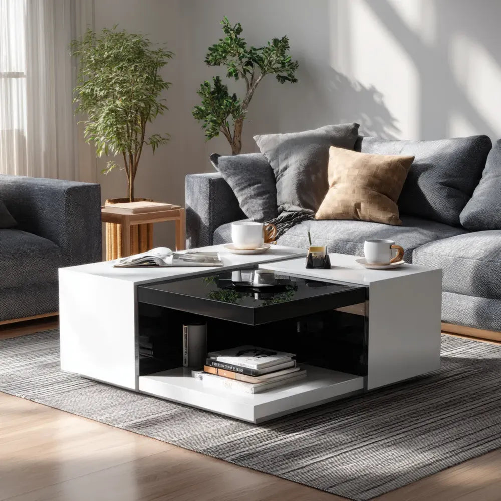 Modern High Gloss Coffee Table 90x90x35 cm - White/Black